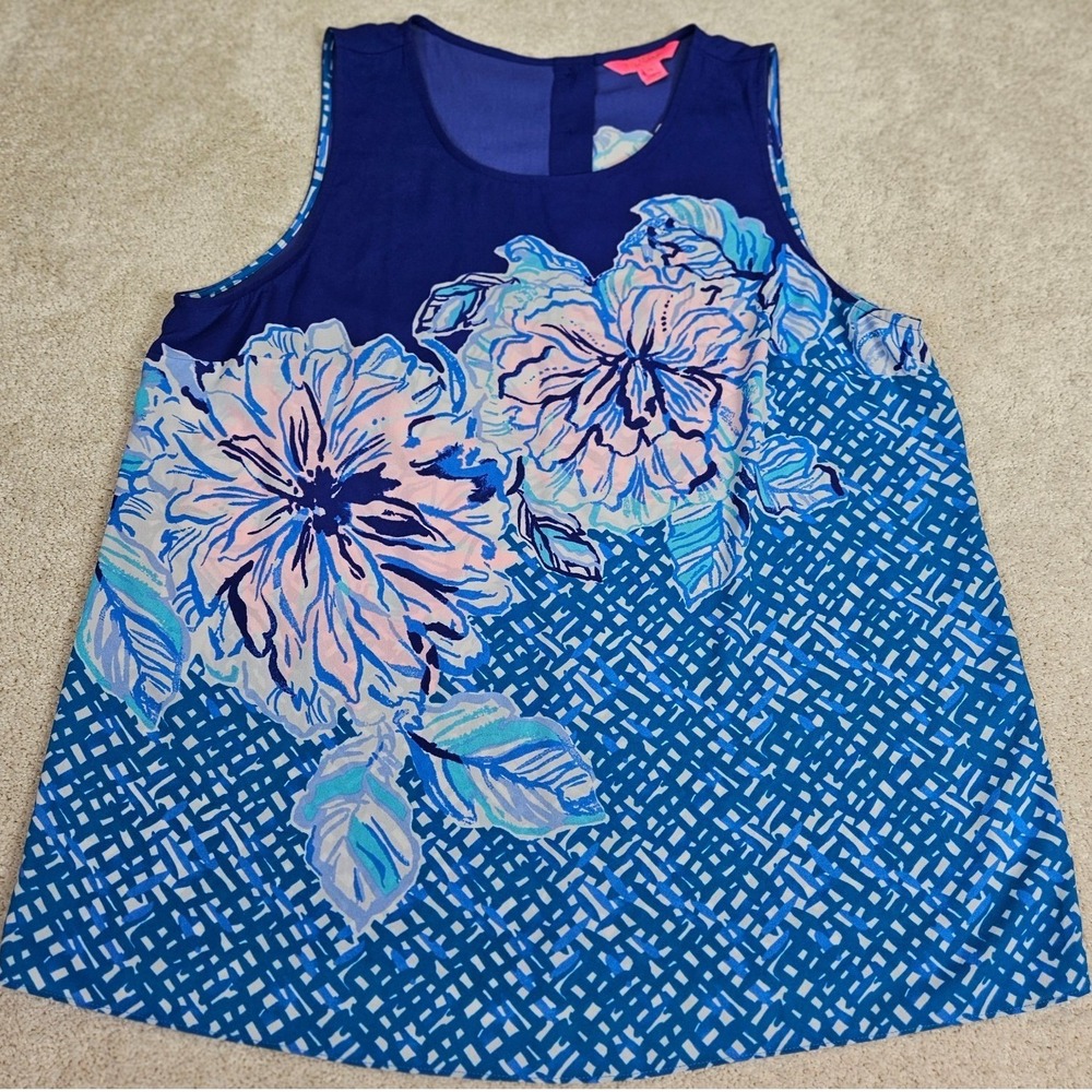 Lilly Pulitzer Iona Tank Top Women XL Vibrant Blue Floral Geometric Contemporary